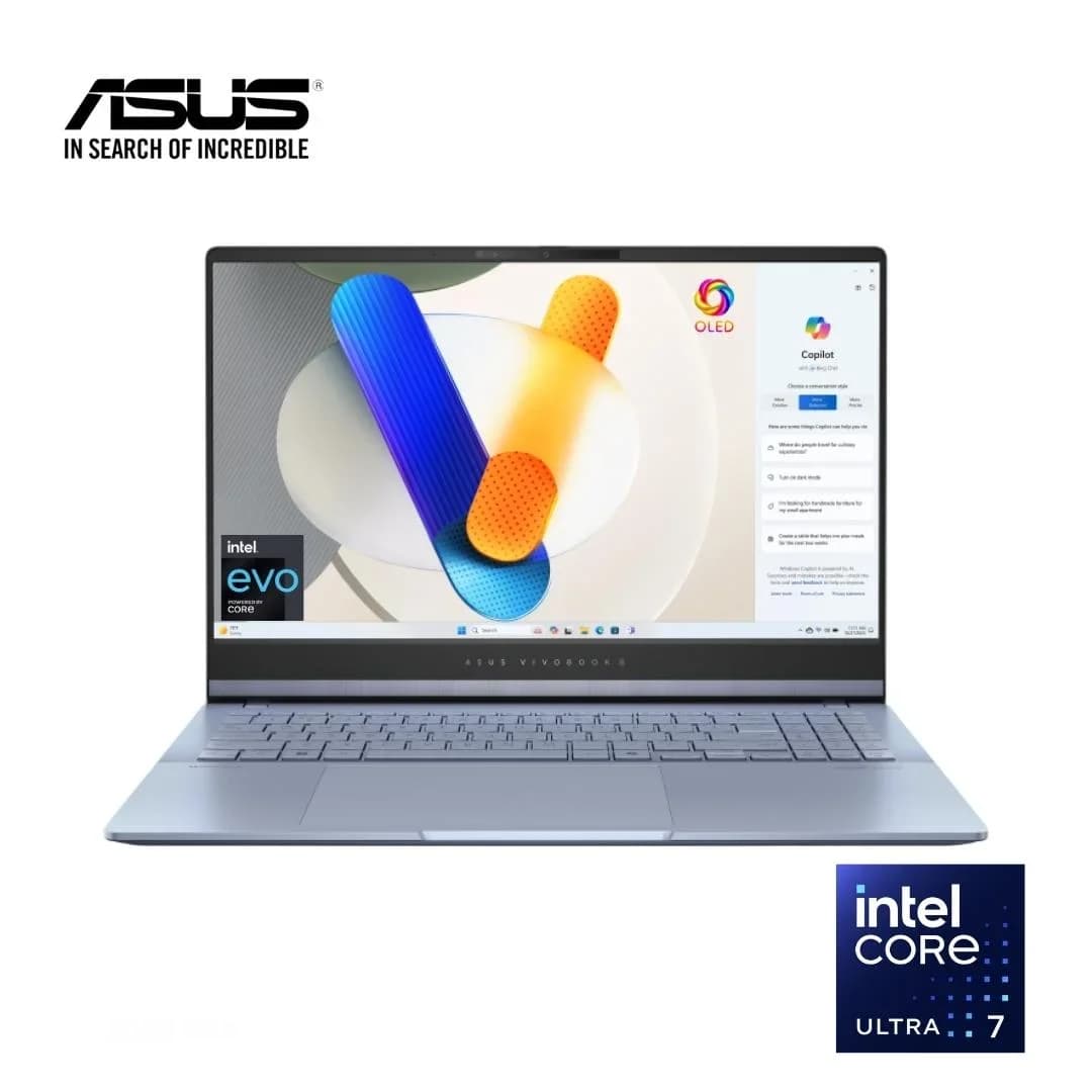 ASUS Vivobook S 15 OLED (S5506) – Intel Core Ultra 7 155H – 16GB DDR5 RAM – 1TB M.2 NVMe PCIe 4.0 SSD – 15.6″ 3K (2880 x 1620) 120Hz OLED Display – Intel AI Boost NPU – Backlit Keyboard – Windows 11 Home – Mist Blue